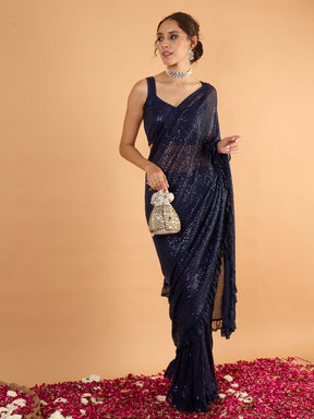 Women Navy Blue Sequins RTW Draped Saree With Unstitched Blouse