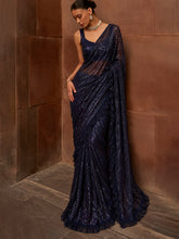 Navy Blue Sequins RTW Draped Saree With Unstitched Blouse-Shae by SASSAFRAS