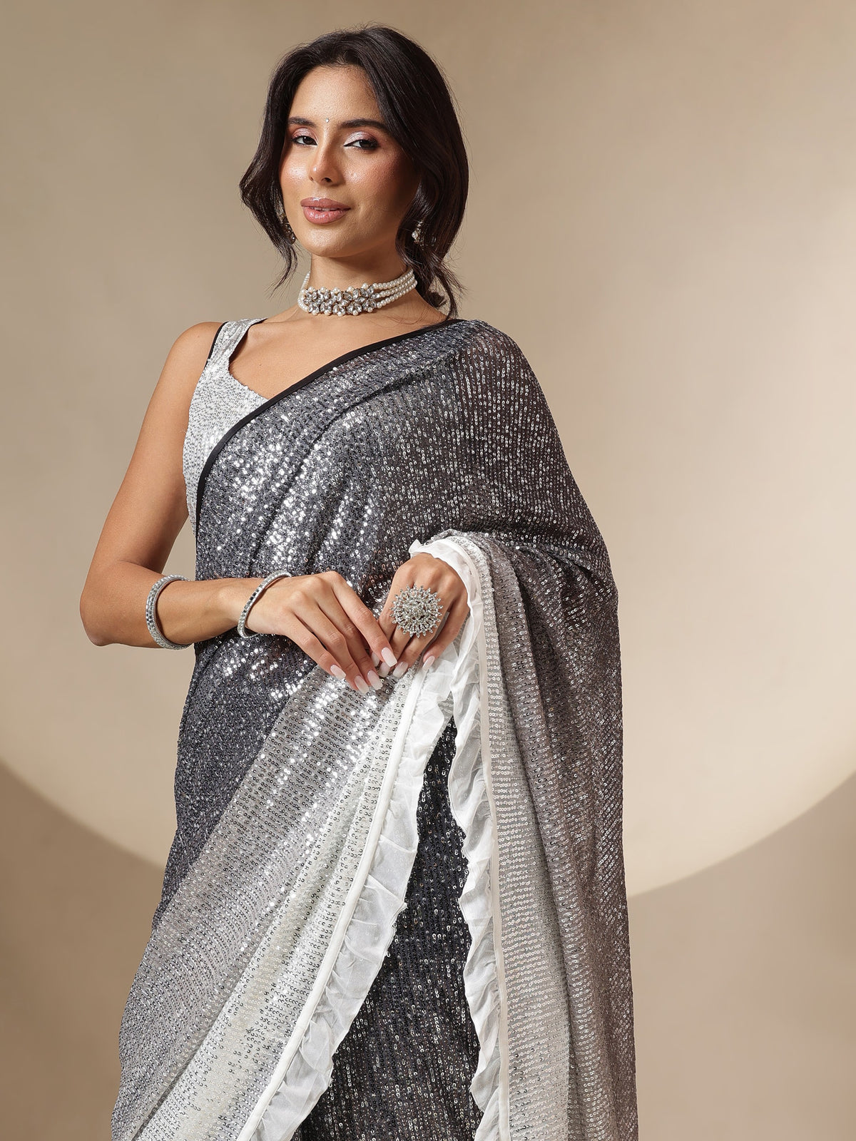 Women Black Ombre Sequin RTW Draped Saree With Unstitched Blouse