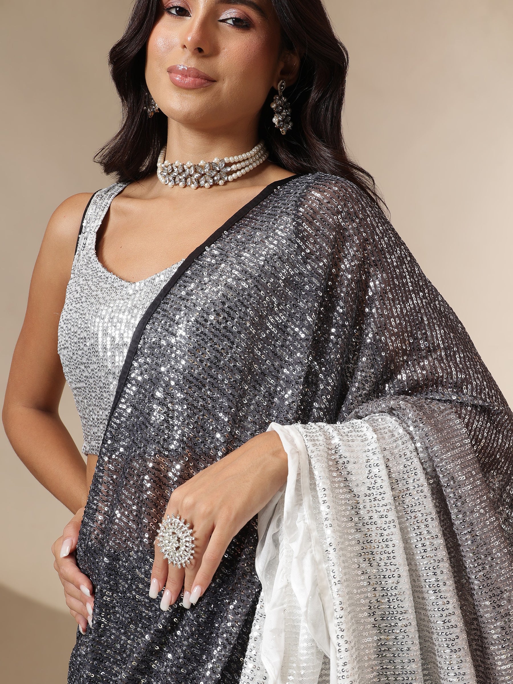 Women Black Ombre Sequin RTW Draped Saree With Unstitched Blouse