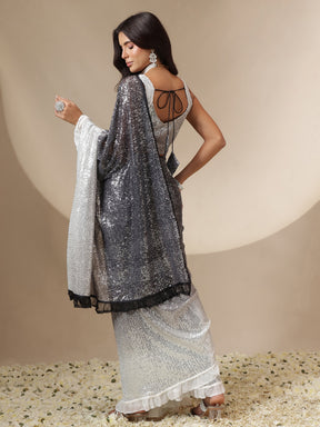 Women Black Ombre Sequin RTW Draped Saree With Unstitched Blouse