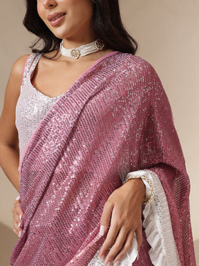 Women Pink Ombre Sequin RTW Draped Saree With Unstitched Blouse