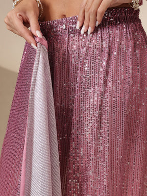 Women Pink Ombre Sequin RTW Draped Saree With Unstitched Blouse