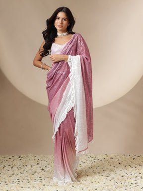 Women Pink Ombre Sequin RTW Draped Saree With Unstitched Blouse