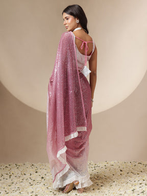 Women Pink Ombre Sequin RTW Draped Saree With Unstitched Blouse