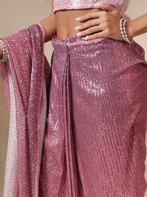 Women Pink Ombre Sequin RTW Draped Saree With Unstitched Blouse