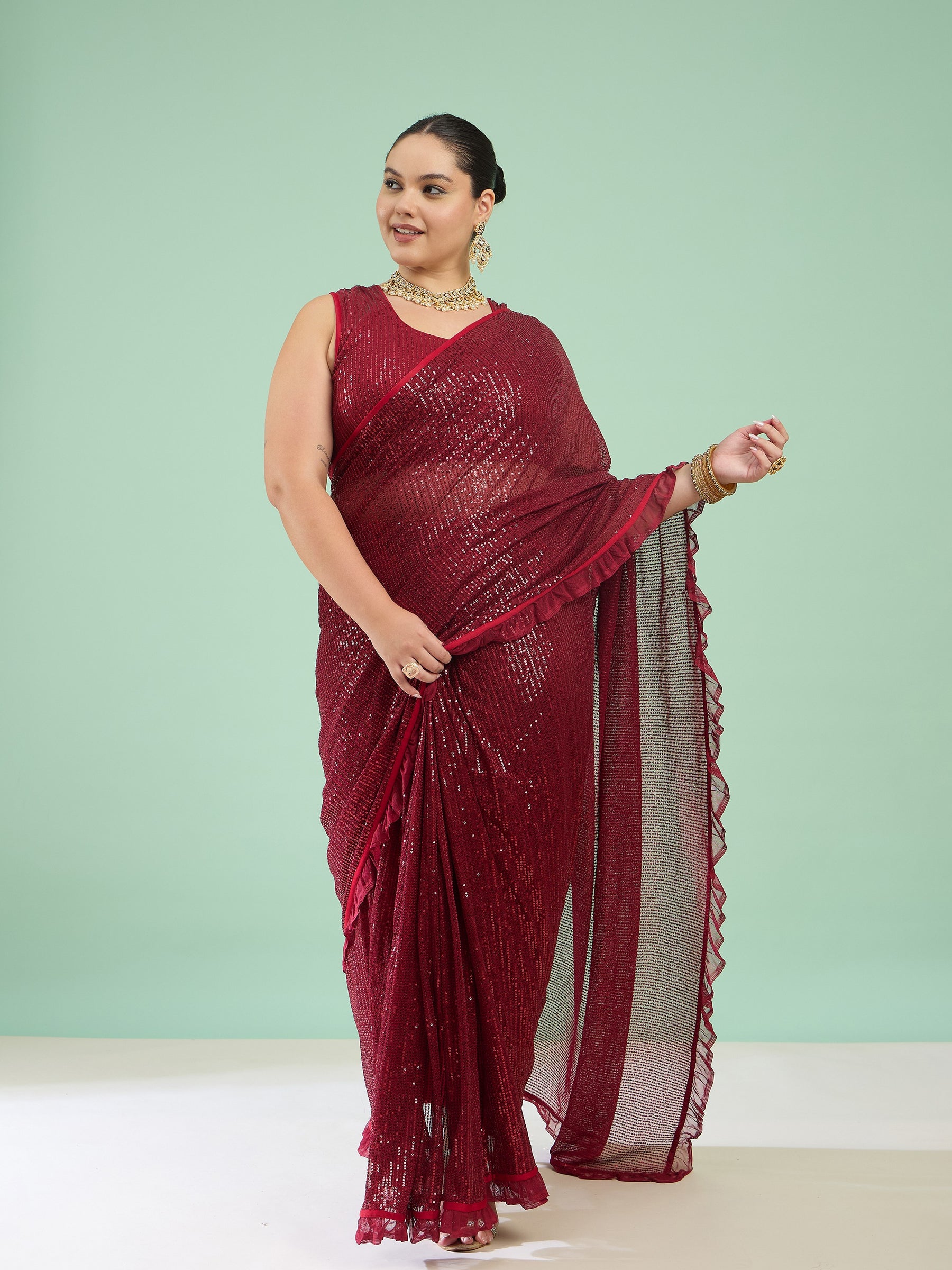 Maroon Sequin RTW Drape Saree With Unstitched Blouse-Shae by SASSAFRAS