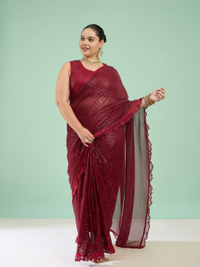 Maroon Sequin RTW Drape Saree With Unstitched Blouse-Shae by SASSAFRAS