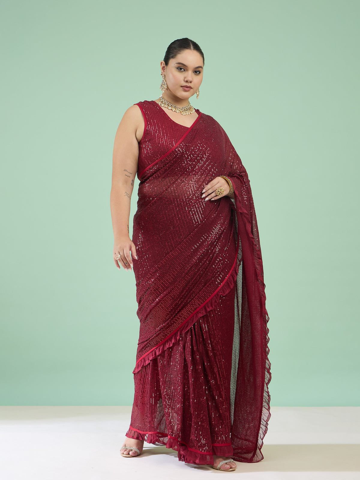 Women Maroon Sequin RTW Drape Saree With Unstitched Blouse
