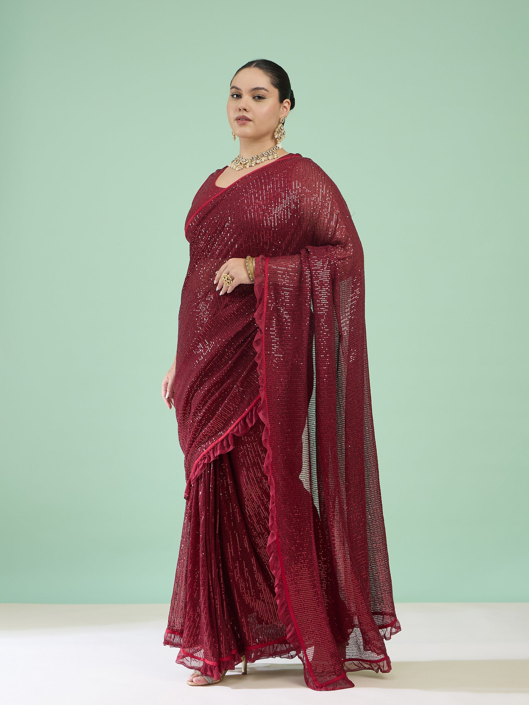 Women Maroon Sequin RTW Drape Saree With Unstitched Blouse