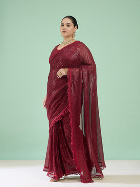 Women Maroon Sequin RTW Drape Saree With Unstitched Blouse