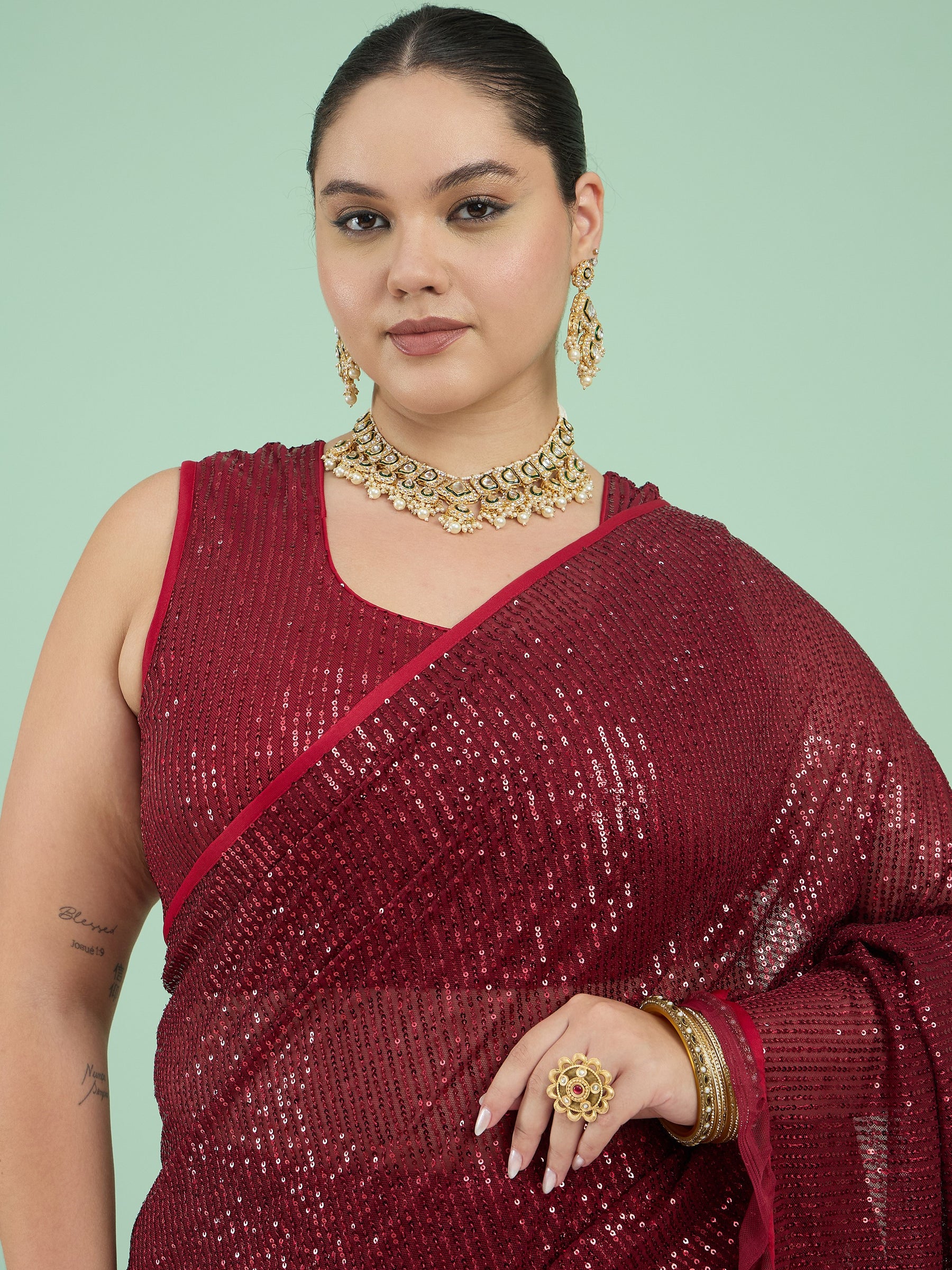 Women Maroon Sequin RTW Drape Saree With Unstitched Blouse