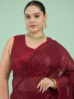Women Maroon Sequin RTW Drape Saree With Unstitched Blouse