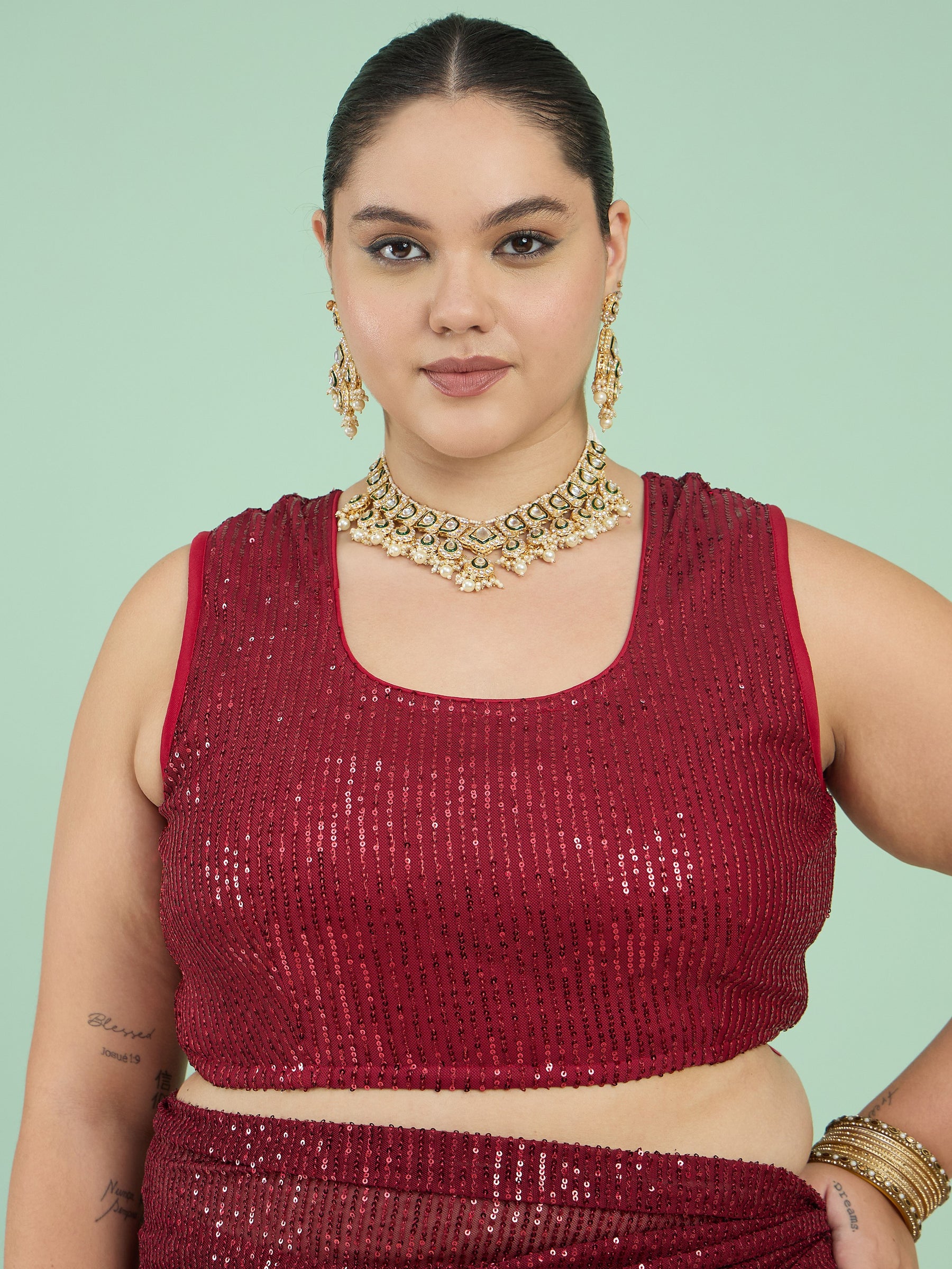 Women Maroon Sequin RTW Drape Saree With Unstitched Blouse