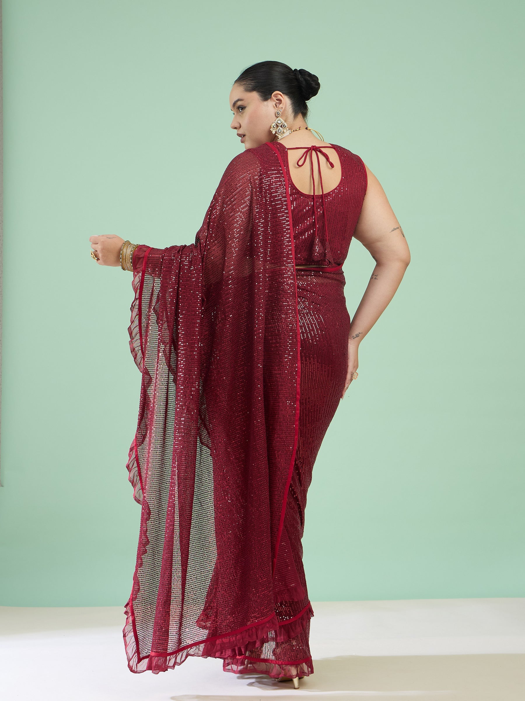 Women Maroon Sequin RTW Drape Saree With Unstitched Blouse