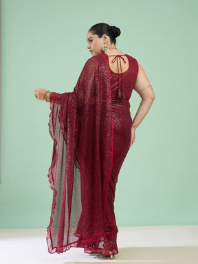 Women Maroon Sequin RTW Drape Saree With Unstitched Blouse