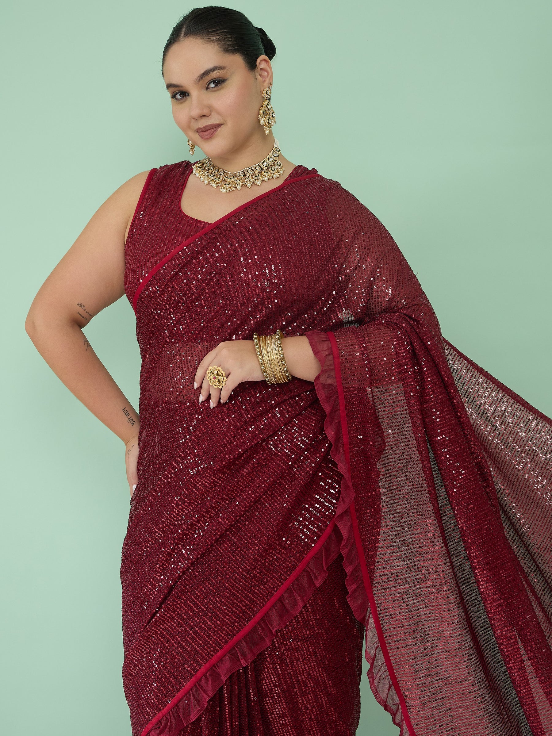 Women Maroon Sequin RTW Drape Saree With Unstitched Blouse