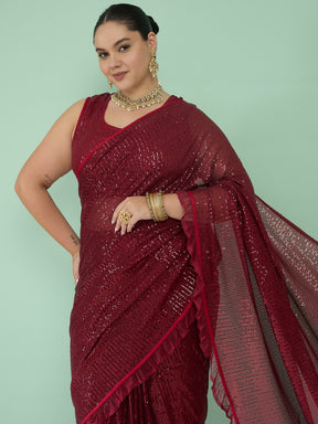 Women Maroon Sequin RTW Drape Saree With Unstitched Blouse