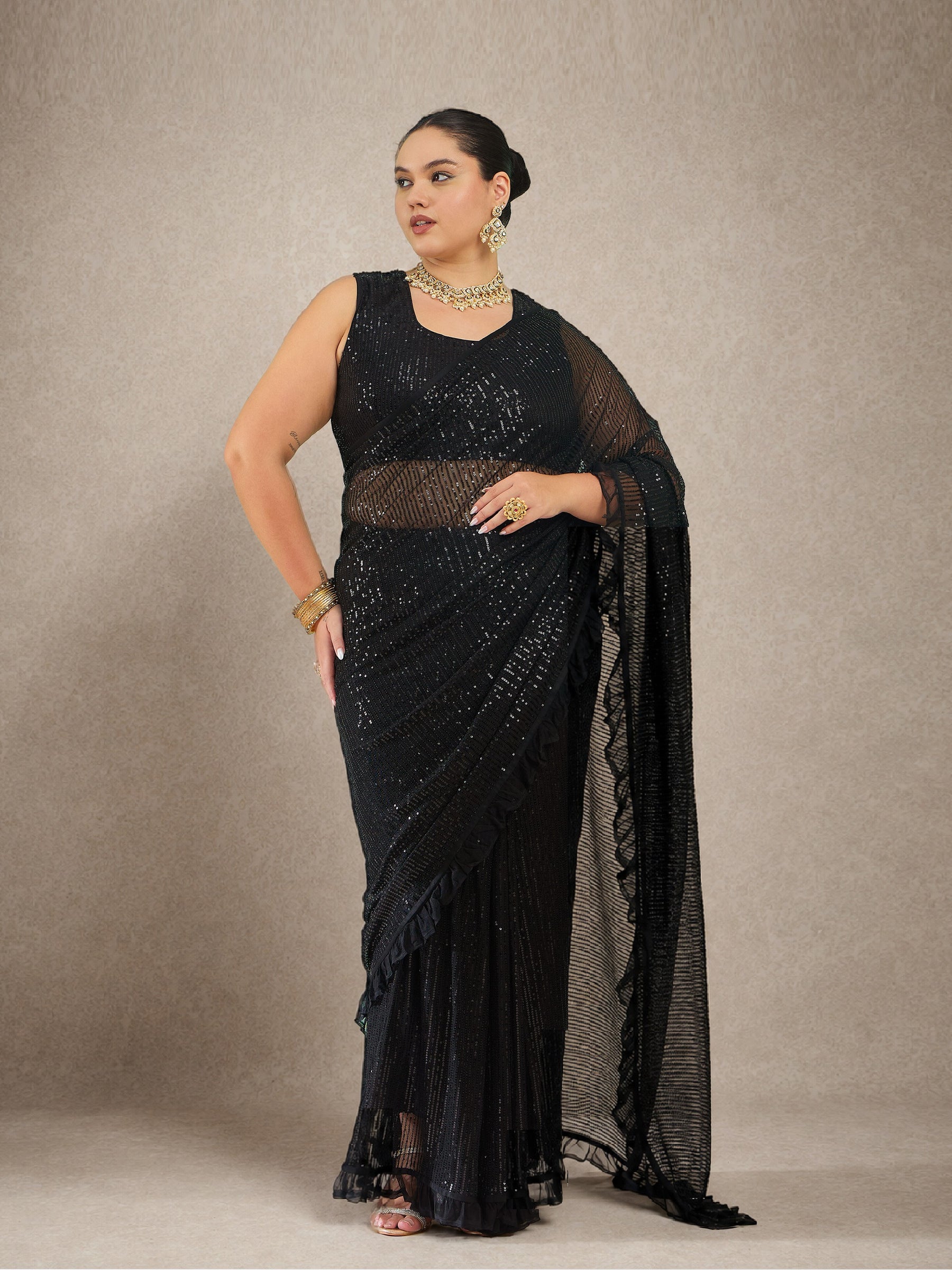 Black Sequin RTW Drape Saree With Unstitched Blouse-Shae by SASSAFRAS