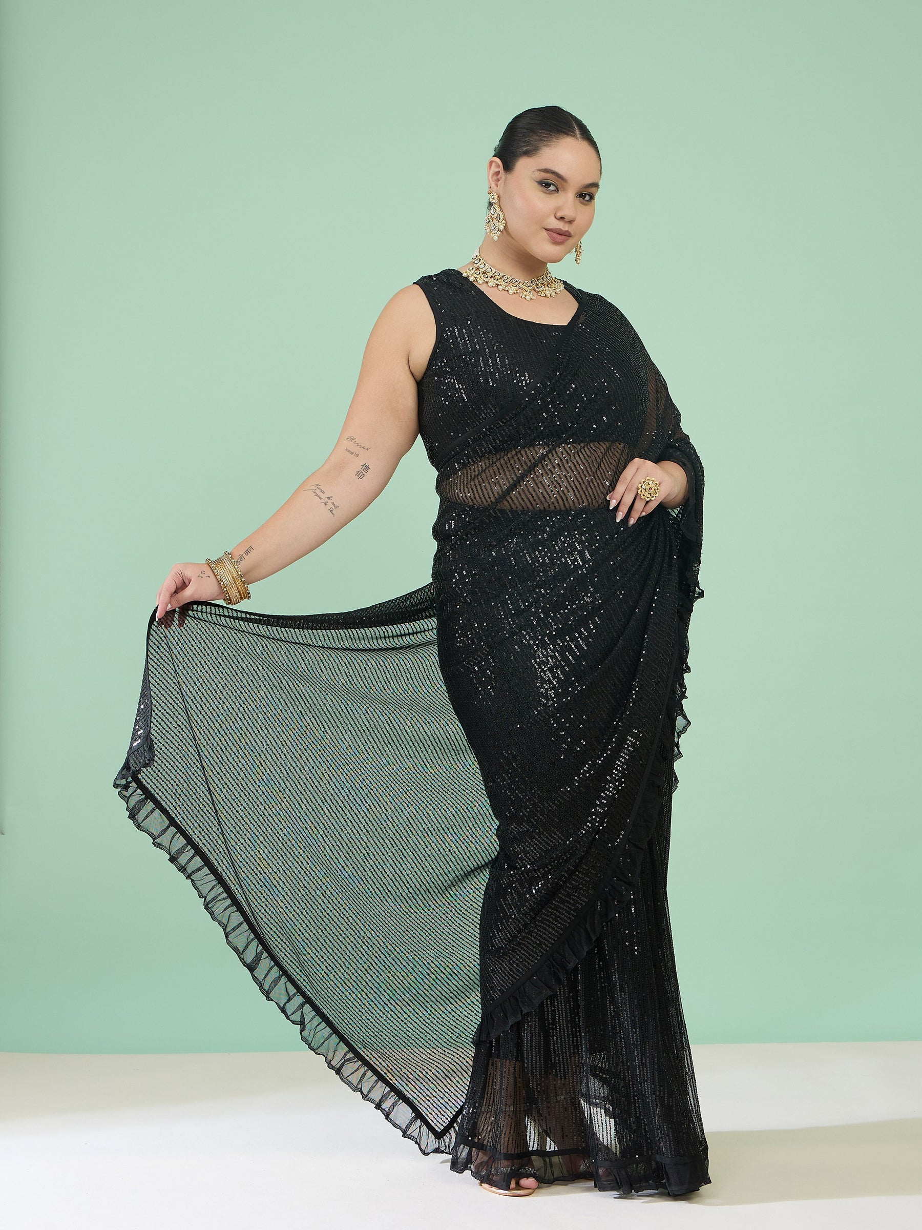 Women Black Sequin RTW Drape Saree With Unstitched Blouse