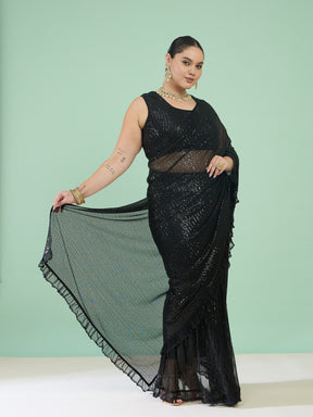 Women Black Sequin RTW Drape Saree With Unstitched Blouse