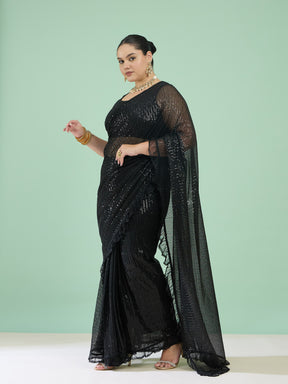 Women Black Sequin RTW Drape Saree With Unstitched Blouse