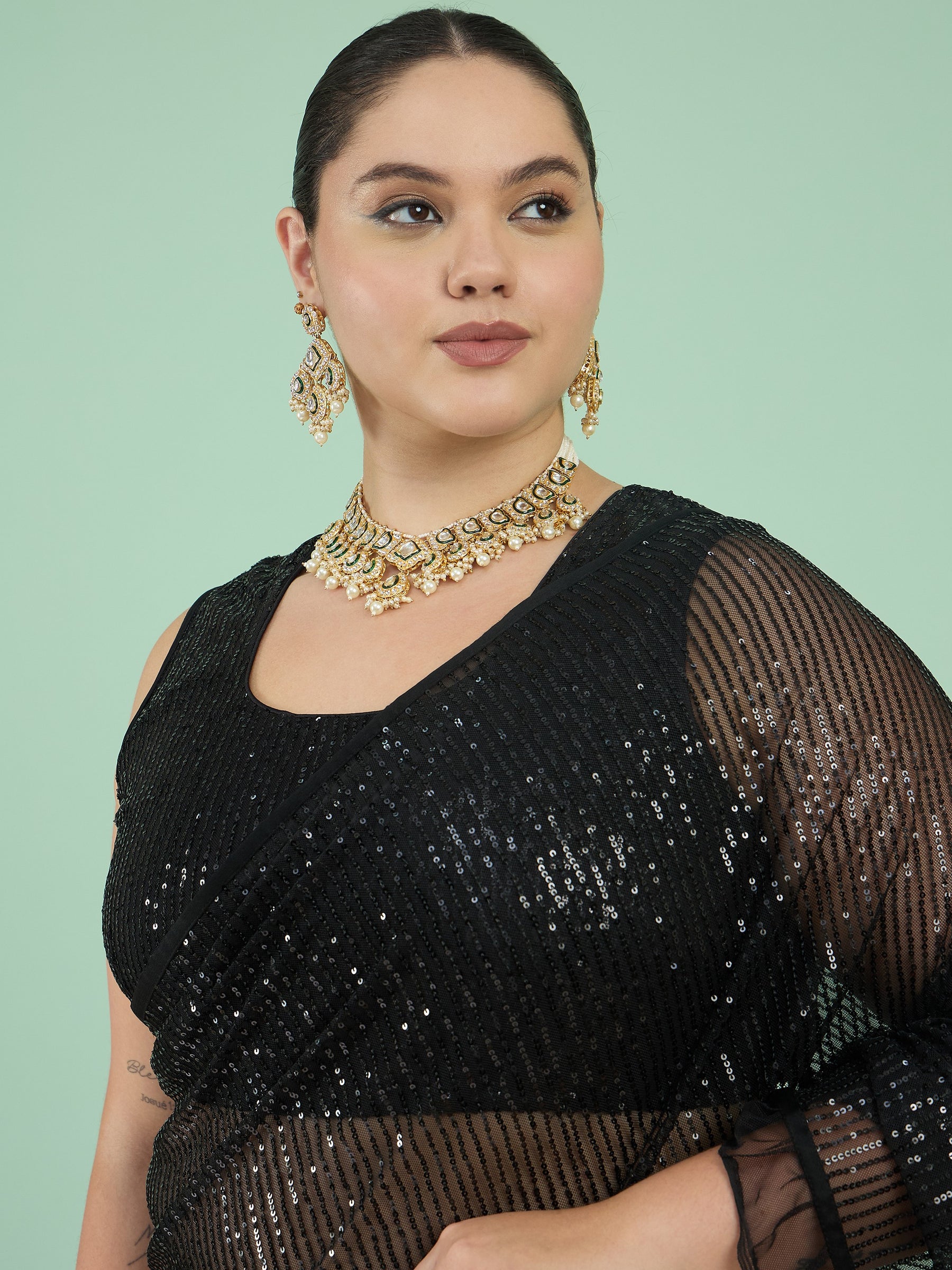 Women Black Sequin RTW Drape Saree With Unstitched Blouse