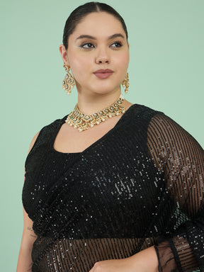 Women Black Sequin RTW Drape Saree With Unstitched Blouse