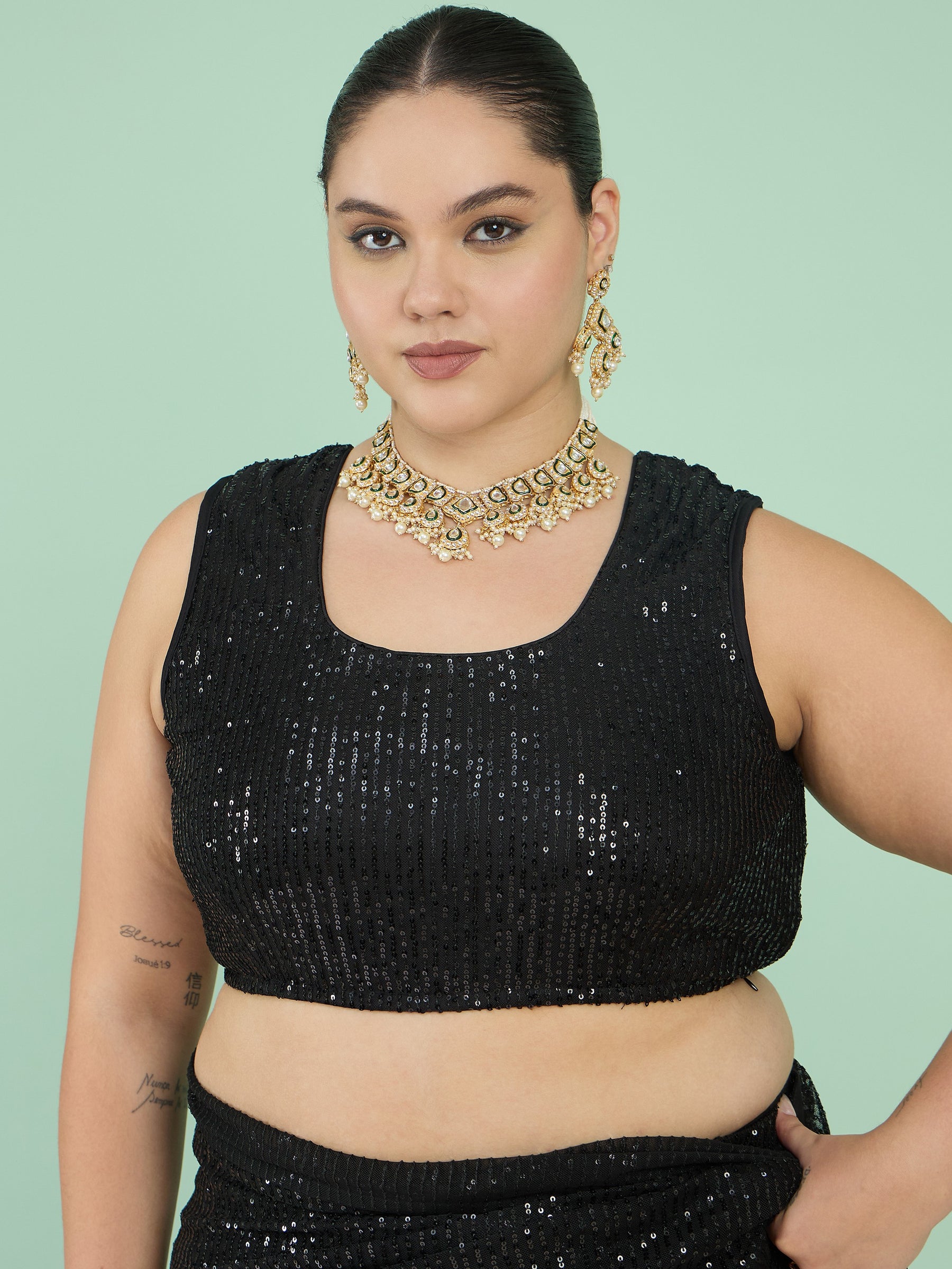 Women Black Sequin RTW Drape Saree With Unstitched Blouse