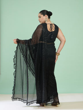 Women Black Sequin RTW Drape Saree With Unstitched Blouse