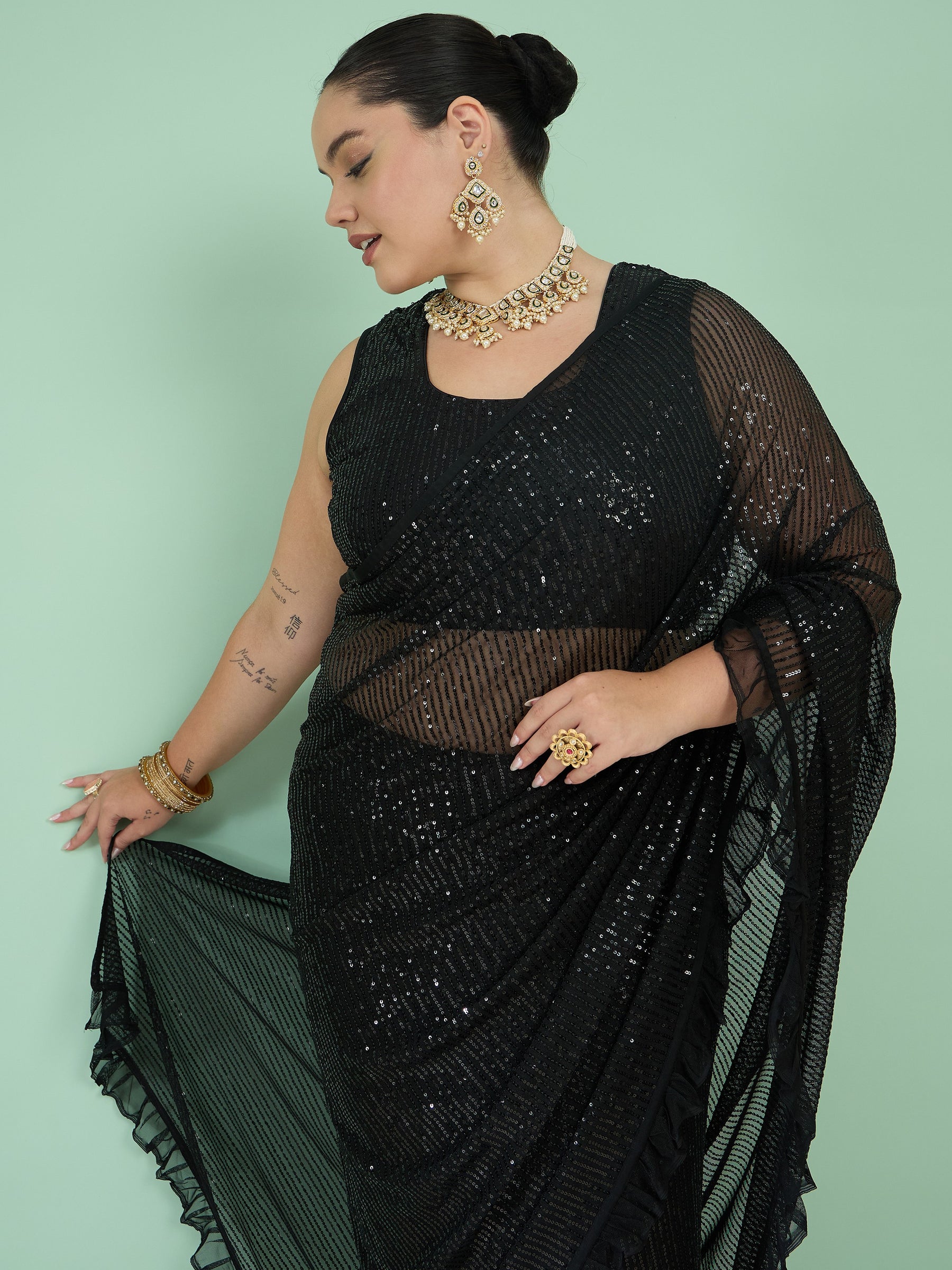 Women Black Sequin RTW Drape Saree With Unstitched Blouse