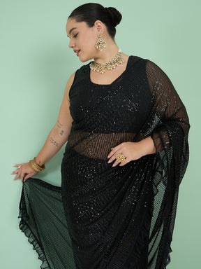 Women Black Sequin RTW Drape Saree With Unstitched Blouse