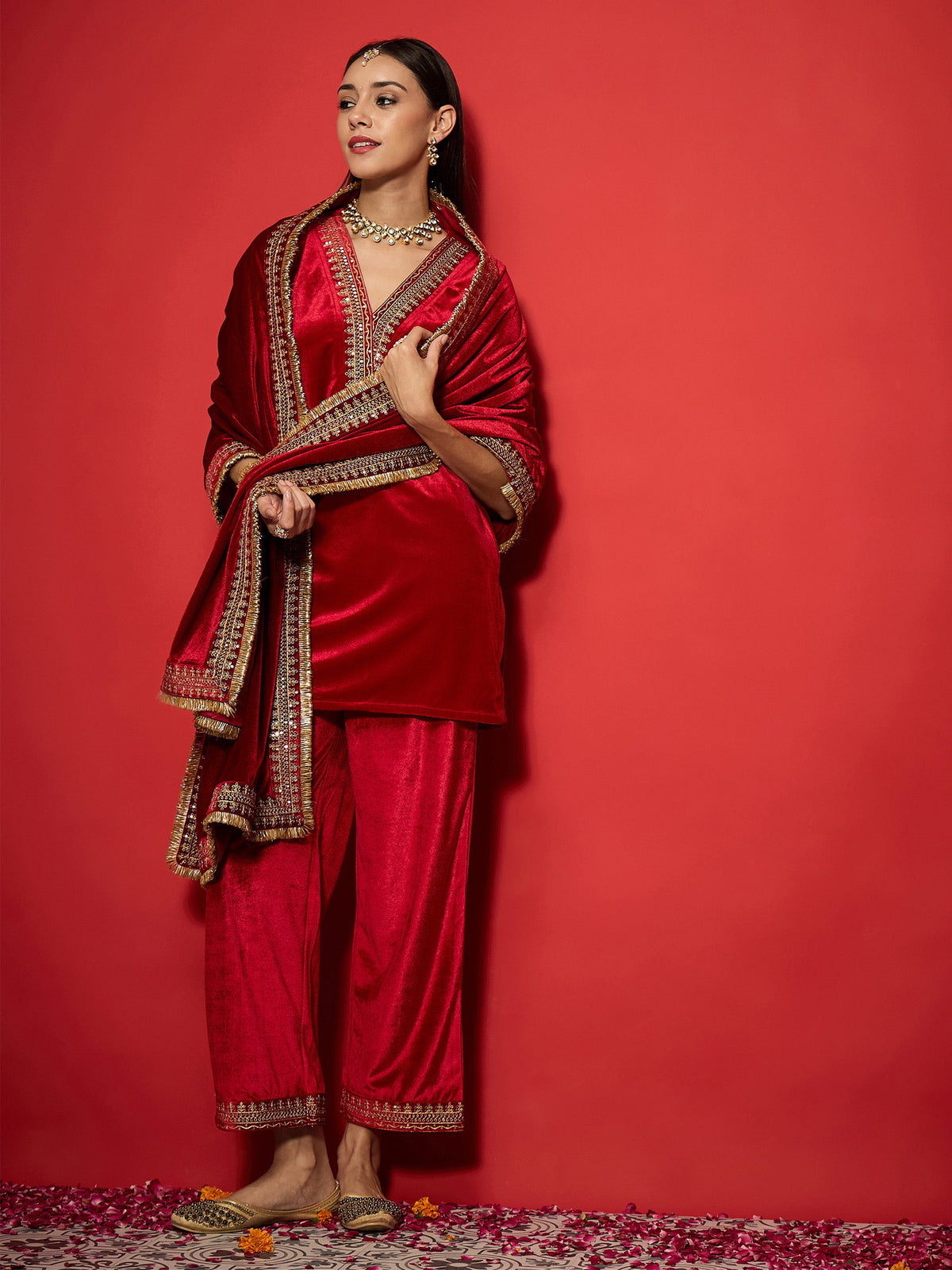 Red Velvet Embroidered Dushala-Shae by SASSAFRAS