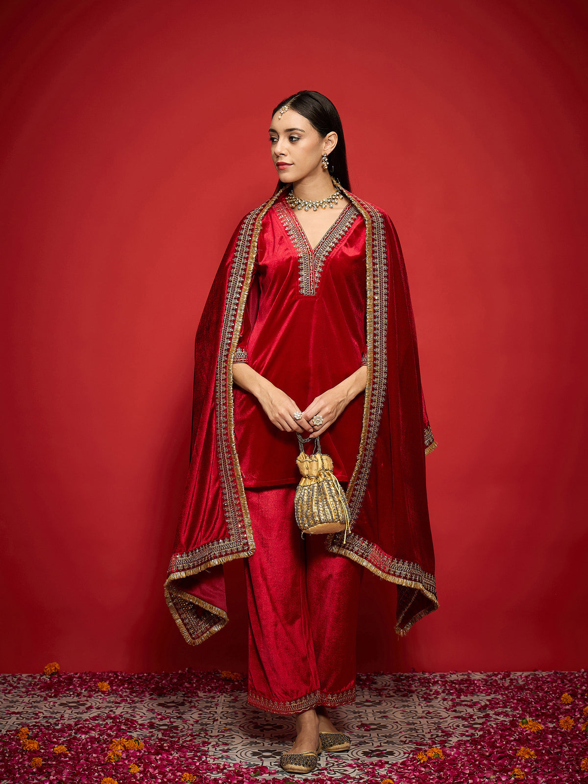 Women Red Velvet Embroidered Dushala