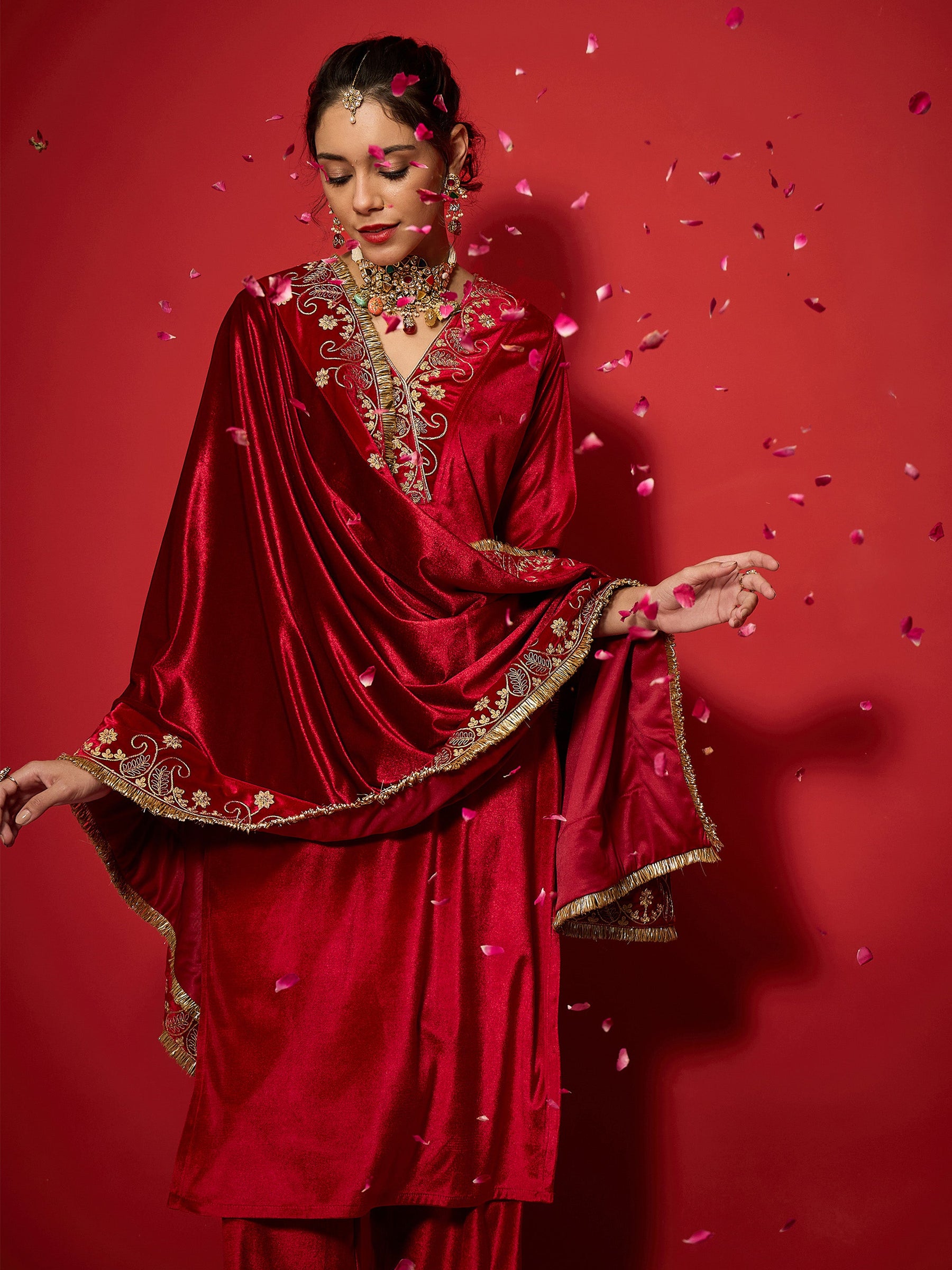 Red Velvet All Over Embroidered Dushala-Shae by SASSAFRAS