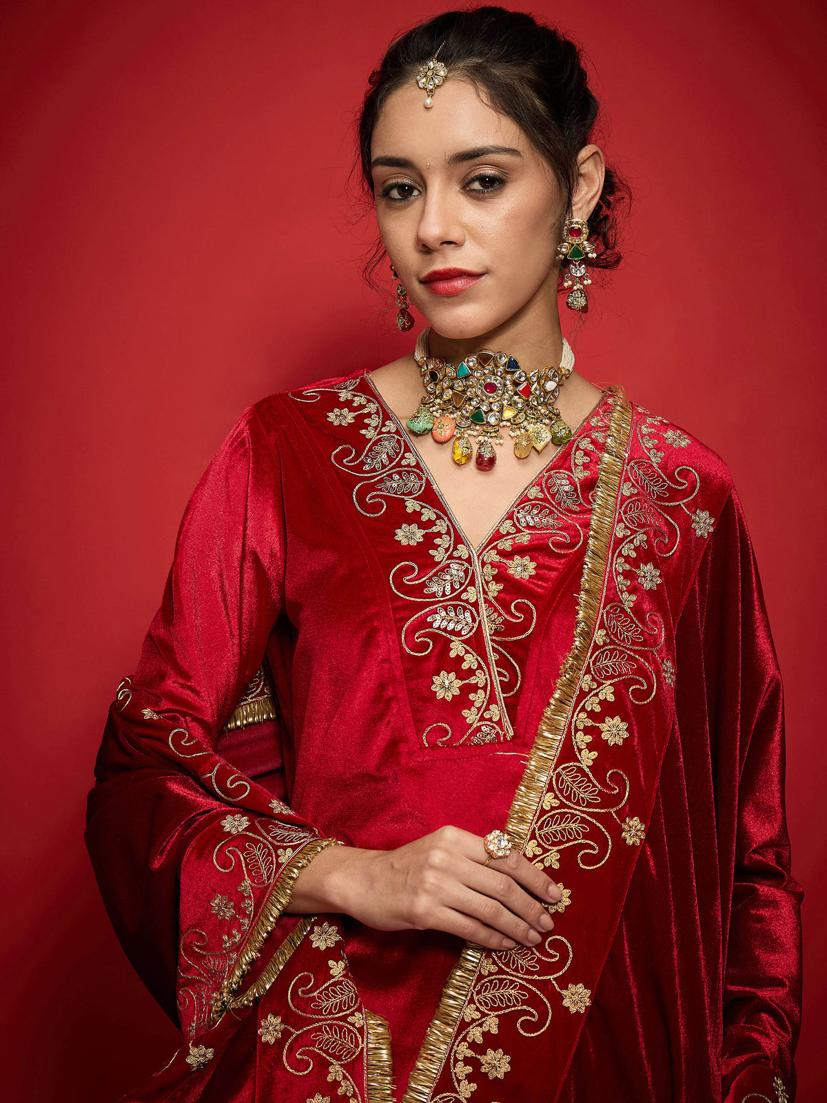 Women Red Velvet All Over Embroidered Dushala