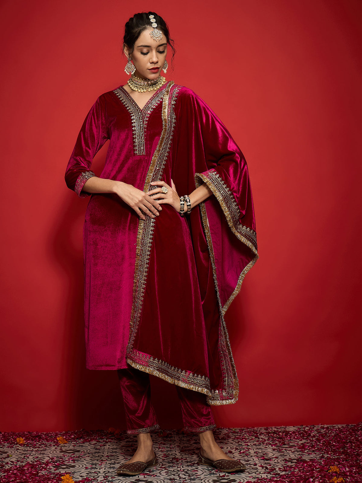 Fuchsia Velvet Embroidered Dushala-Shae by SASSAFRAS