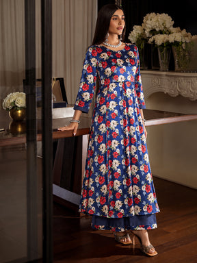 Women Royal Blue Floral Velvet Kurta With Palazzo Pants