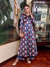 Royal Blue Floral Velvet Kurta With Palazzo Pants-Shae by SASSAFRAS
