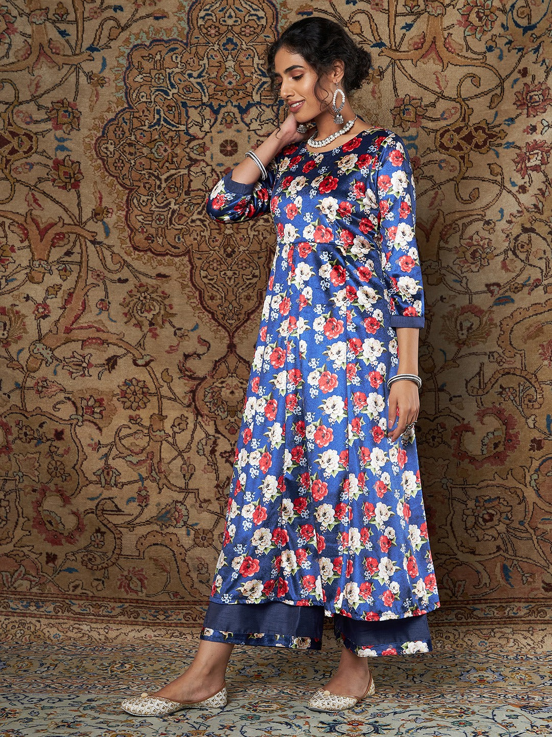 Royal Blue Floral Velvet Kurta With Palazzo Pants-Shae by SASSAFRAS