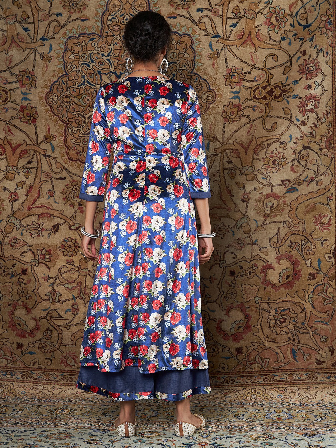 Royal Blue Floral Velvet Kurta With Palazzo Pants-Shae by SASSAFRAS