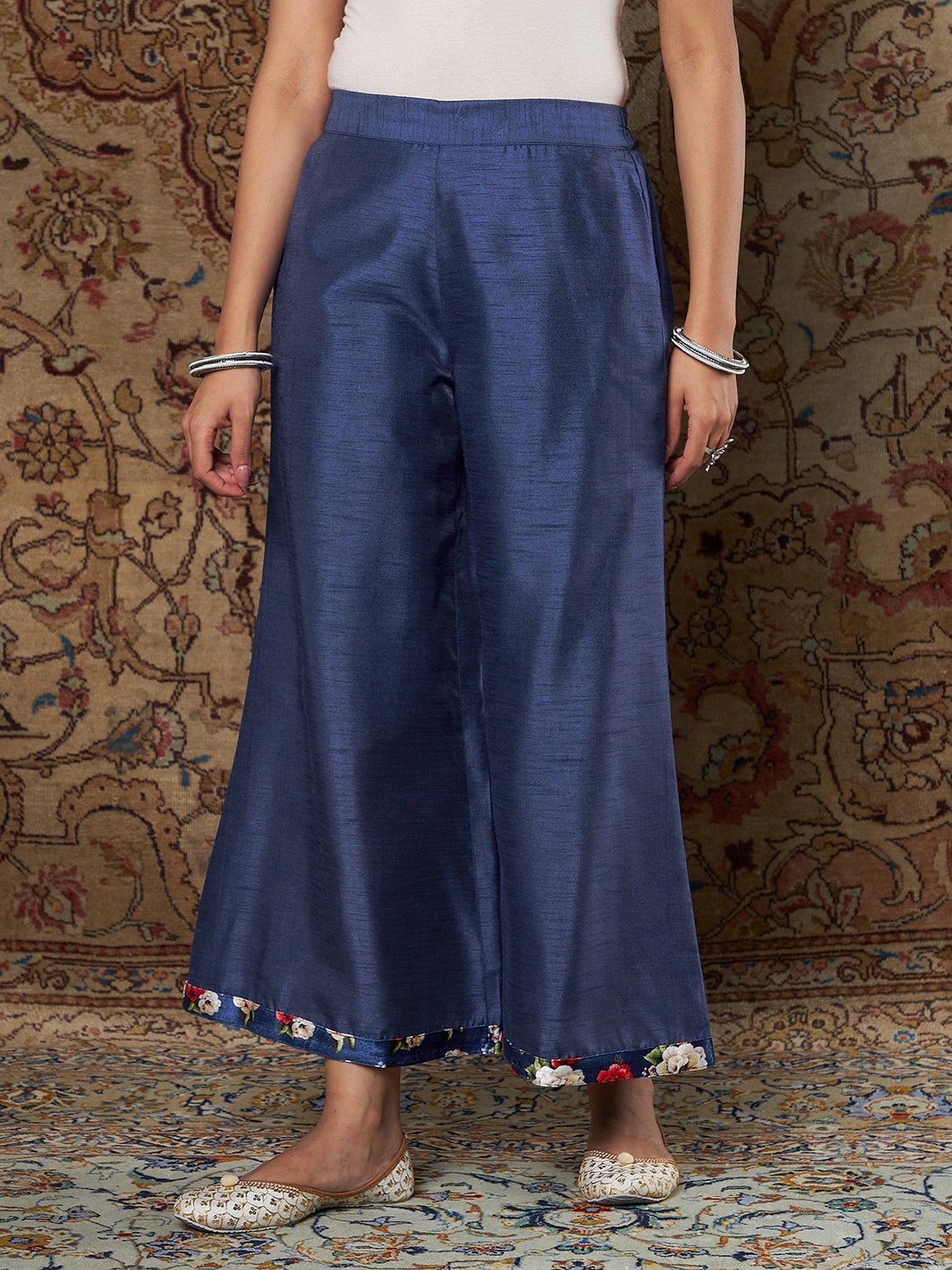 Royal Blue Floral Velvet Kurta With Palazzo Pants-Shae by SASSAFRAS