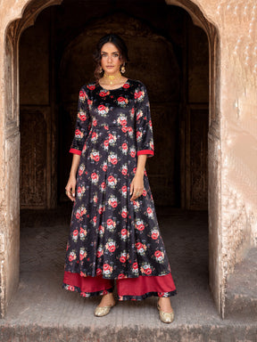 Navy Floral Velvet Kurta With Palazzo Pants-Shae by SASSAFRAS