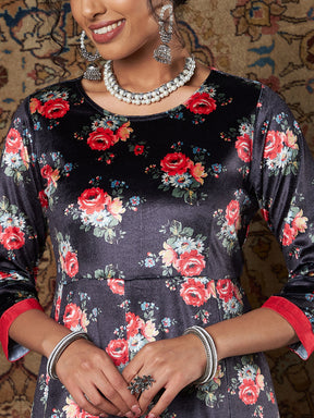 Navy Floral Velvet Kurta With Palazzo Pants-Shae by SASSAFRAS