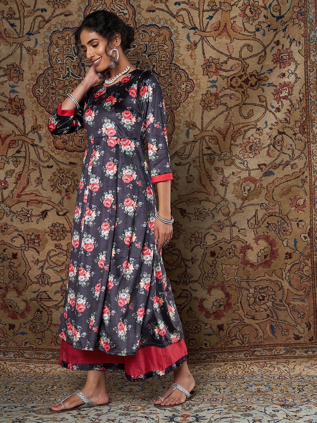 Navy Floral Velvet Kurta With Palazzo Pants-Shae by SASSAFRAS
