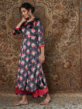 Navy Floral Velvet Kurta With Palazzo Pants-Shae by SASSAFRAS