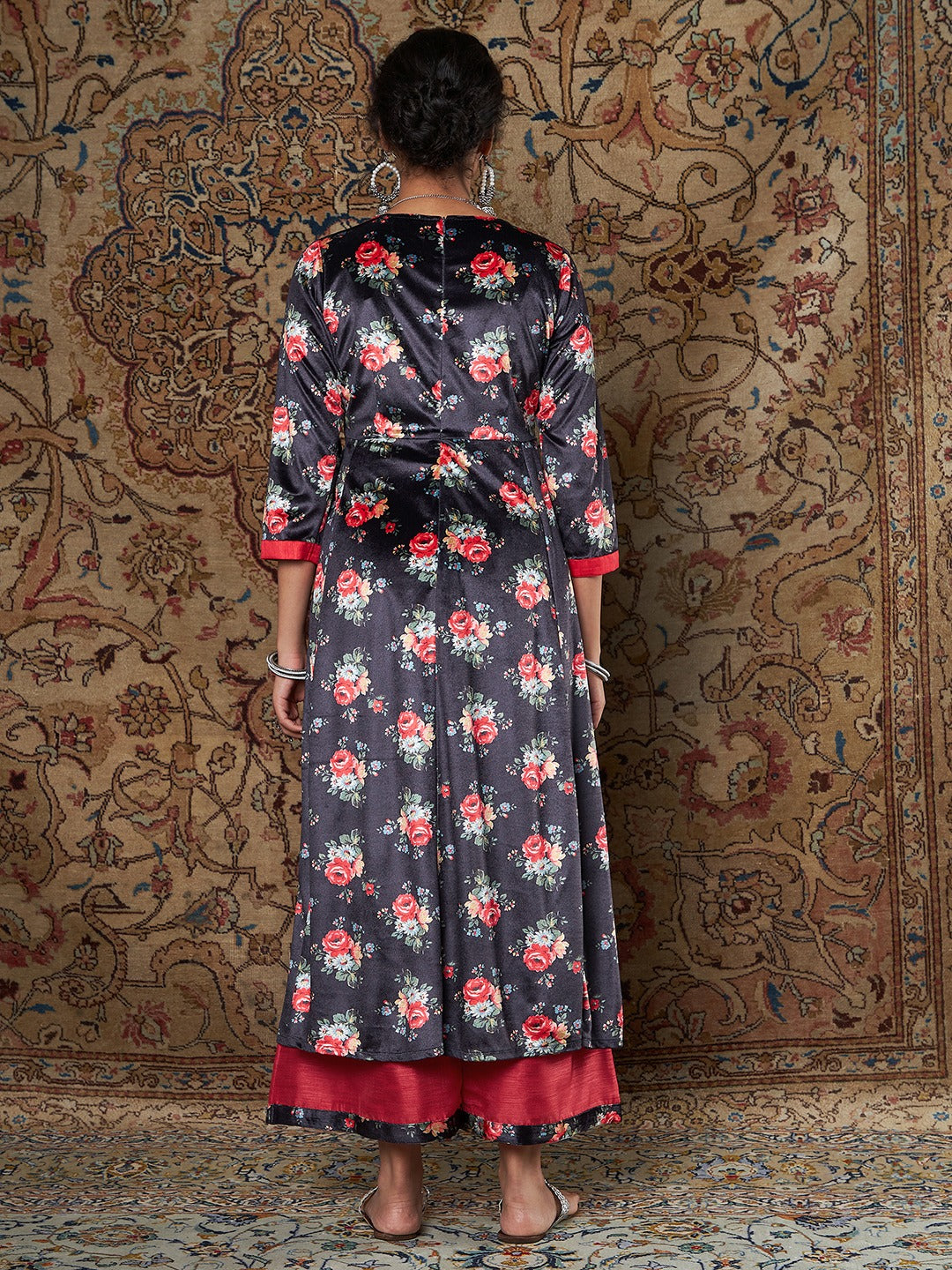 Navy Floral Velvet Kurta With Palazzo Pants-Shae by SASSAFRAS