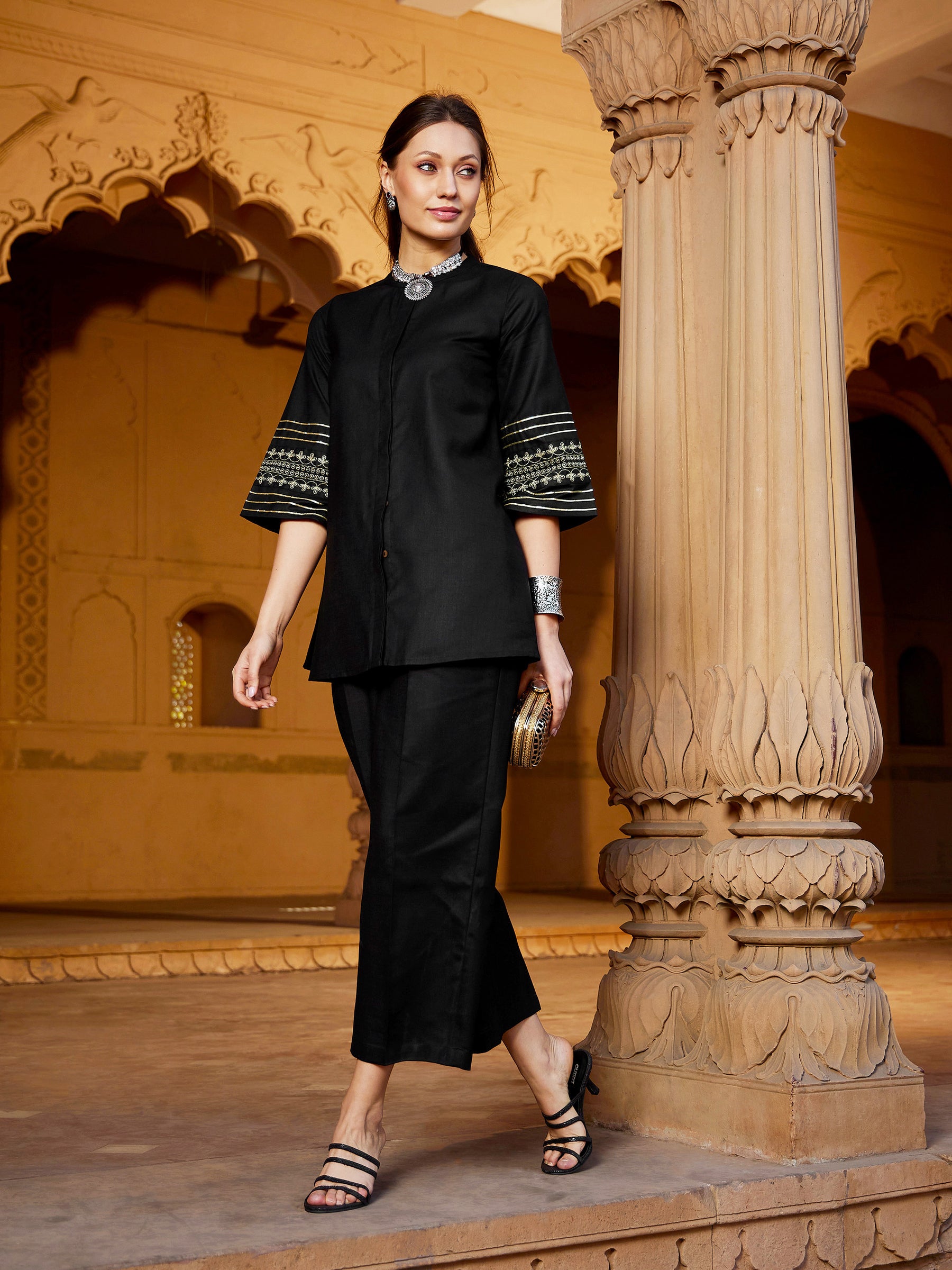 Buy Black Embroidered Sleeve Shirt Kurti With Palazzos Online At