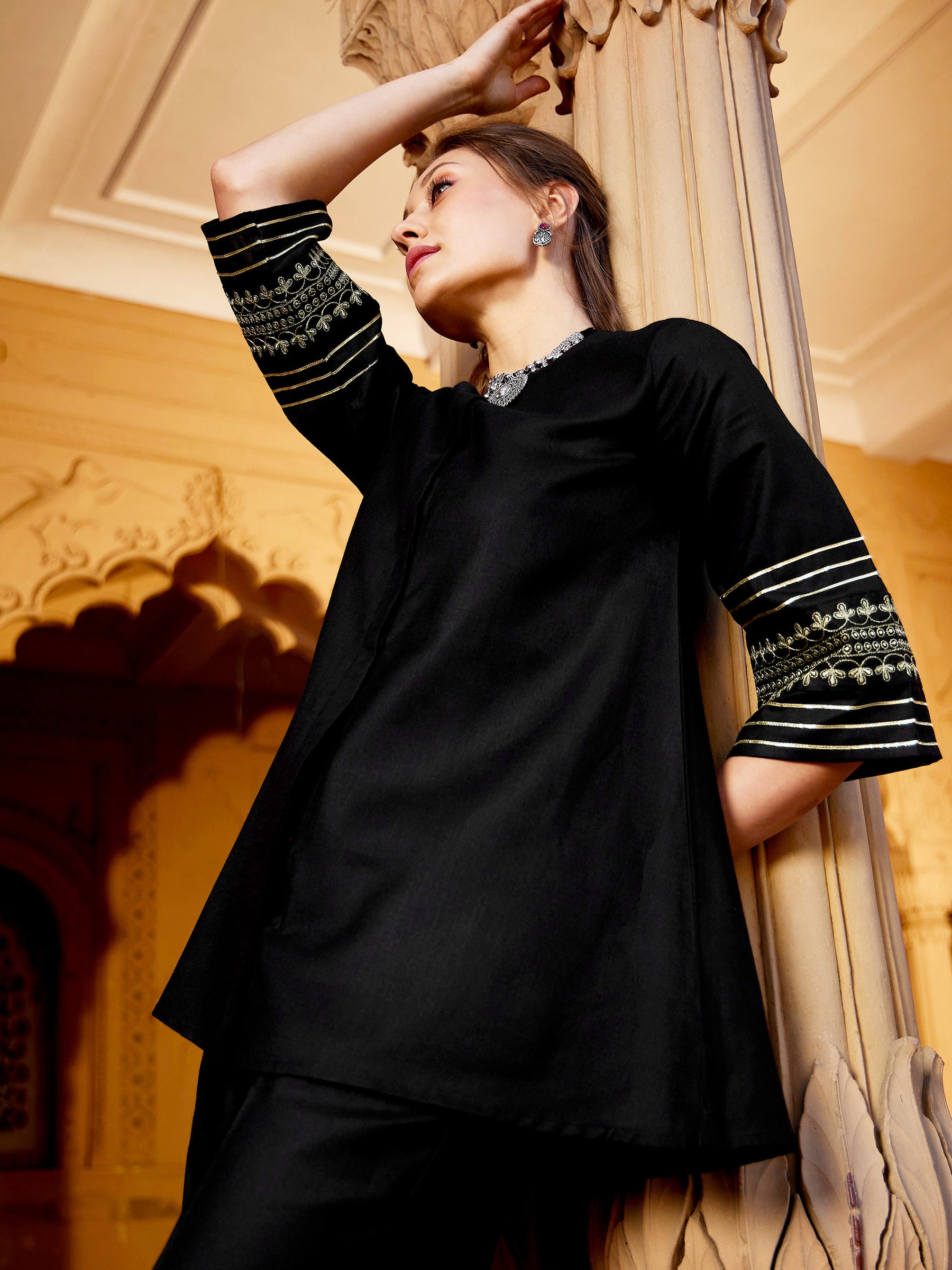 Buy Black Embroidered Sleeve Shirt Kurti With Palazzos Online At