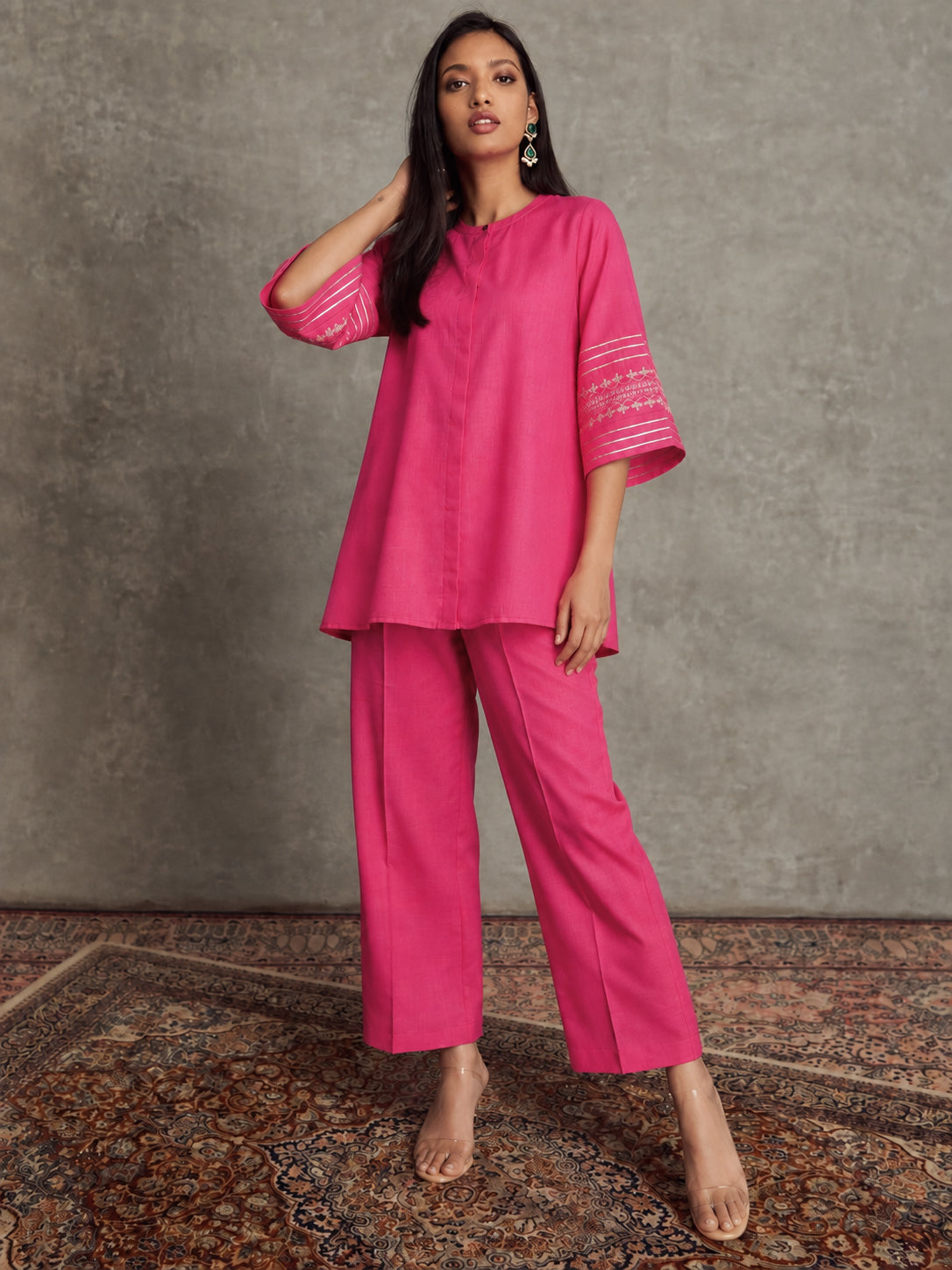 Fuchsia Embroidered Sleeve Shirt Kurti With Palazzos-Shae by SASSAFRAS